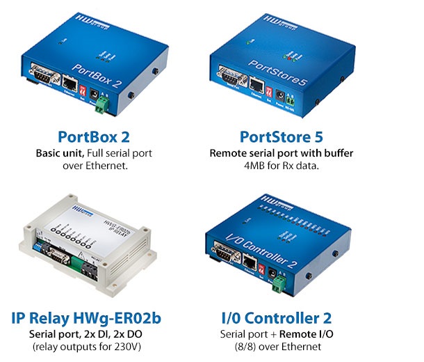 HWg I/O Controller, IP Relay ER02b, Portbox2, Portstore5 - IP Serial Products |  | Product | MCS